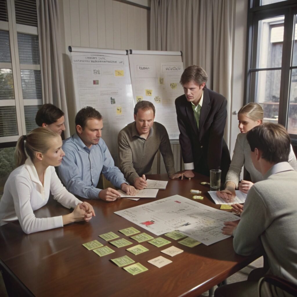 group people are around table with chart it